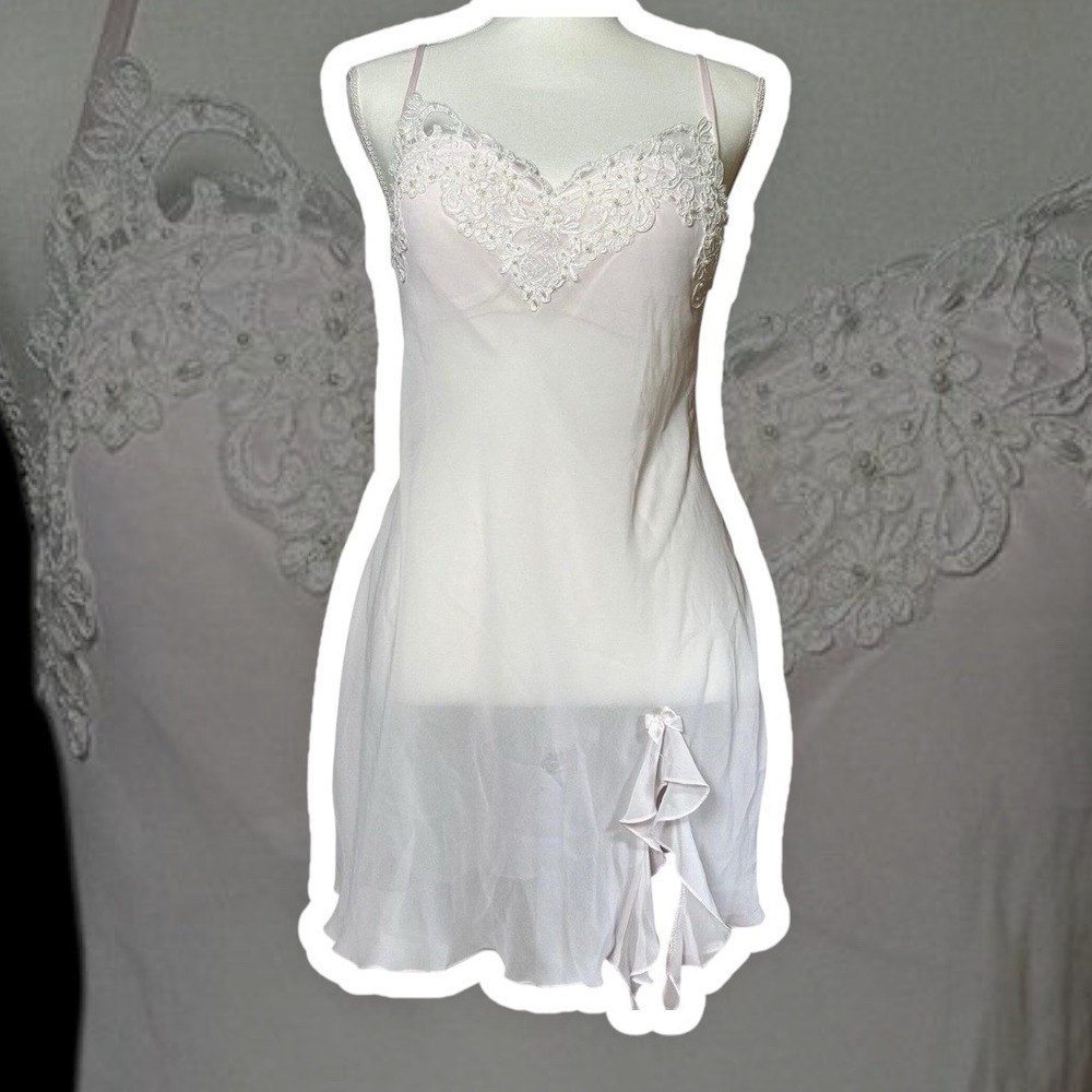 Y2K Linea Donatella Lingerie Slip Dress M Pink Lace Trim Ruffle Detail Sheer‎